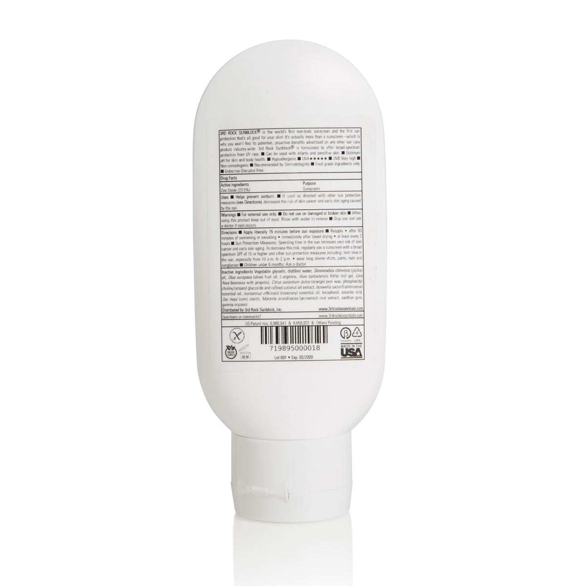 Sunscreen bottle back label with ingredient panel, barcode, and icons.