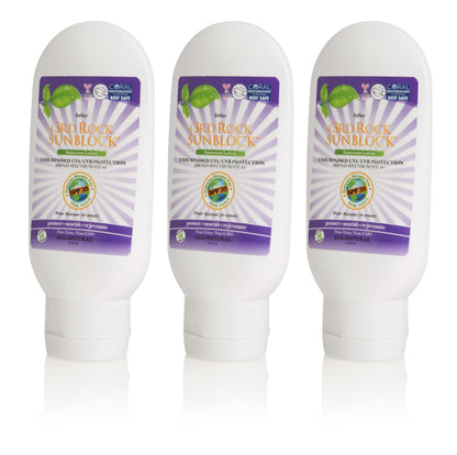 Three infant sunscreen bottles with purple SPF 35 labels, shown side by side.