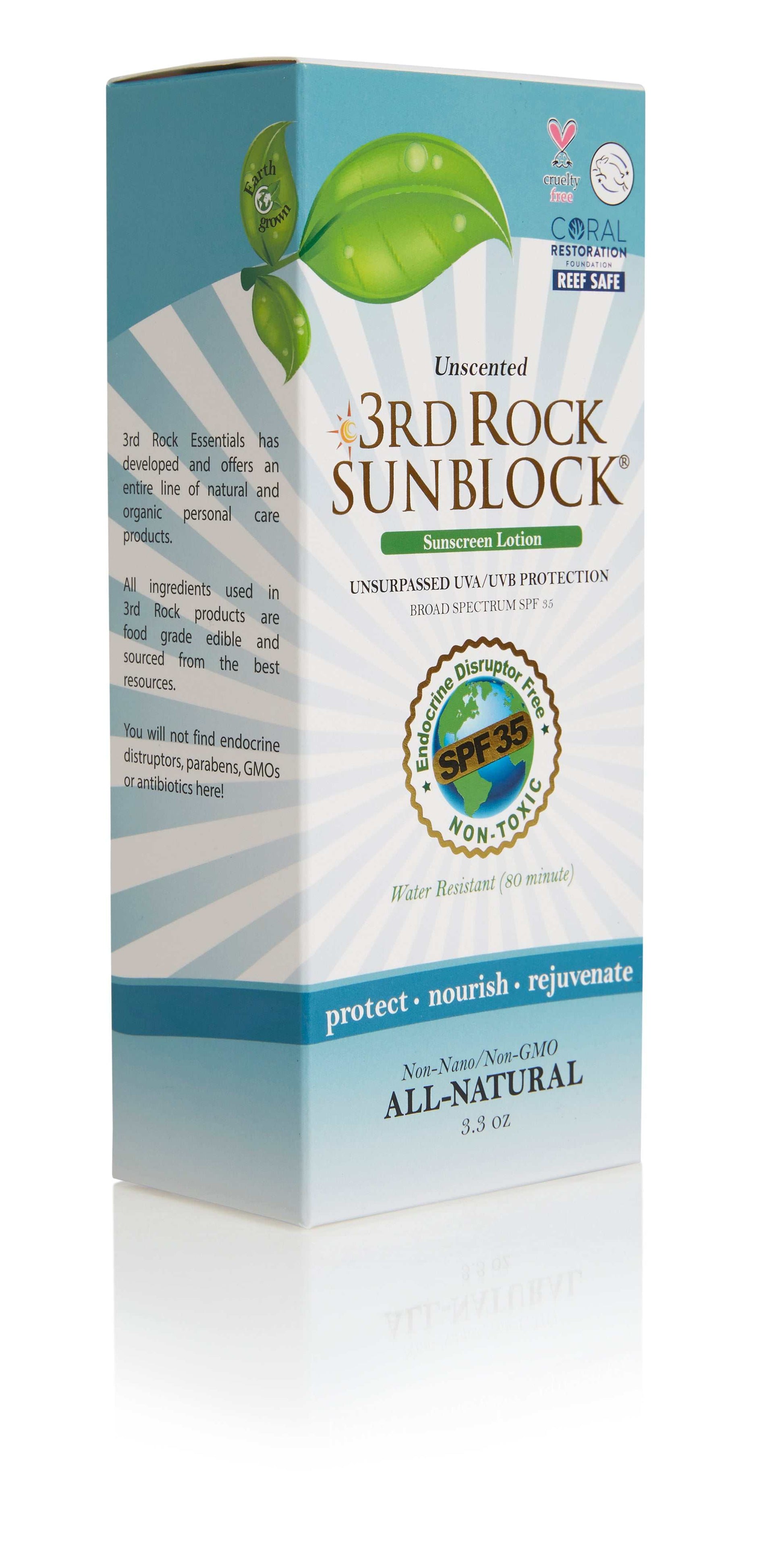 Unscented sunscreen lotion box with SPF 35 seal and green leaf design