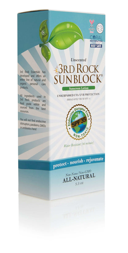 Unscented sunscreen lotion box with SPF 35 seal and green leaf design