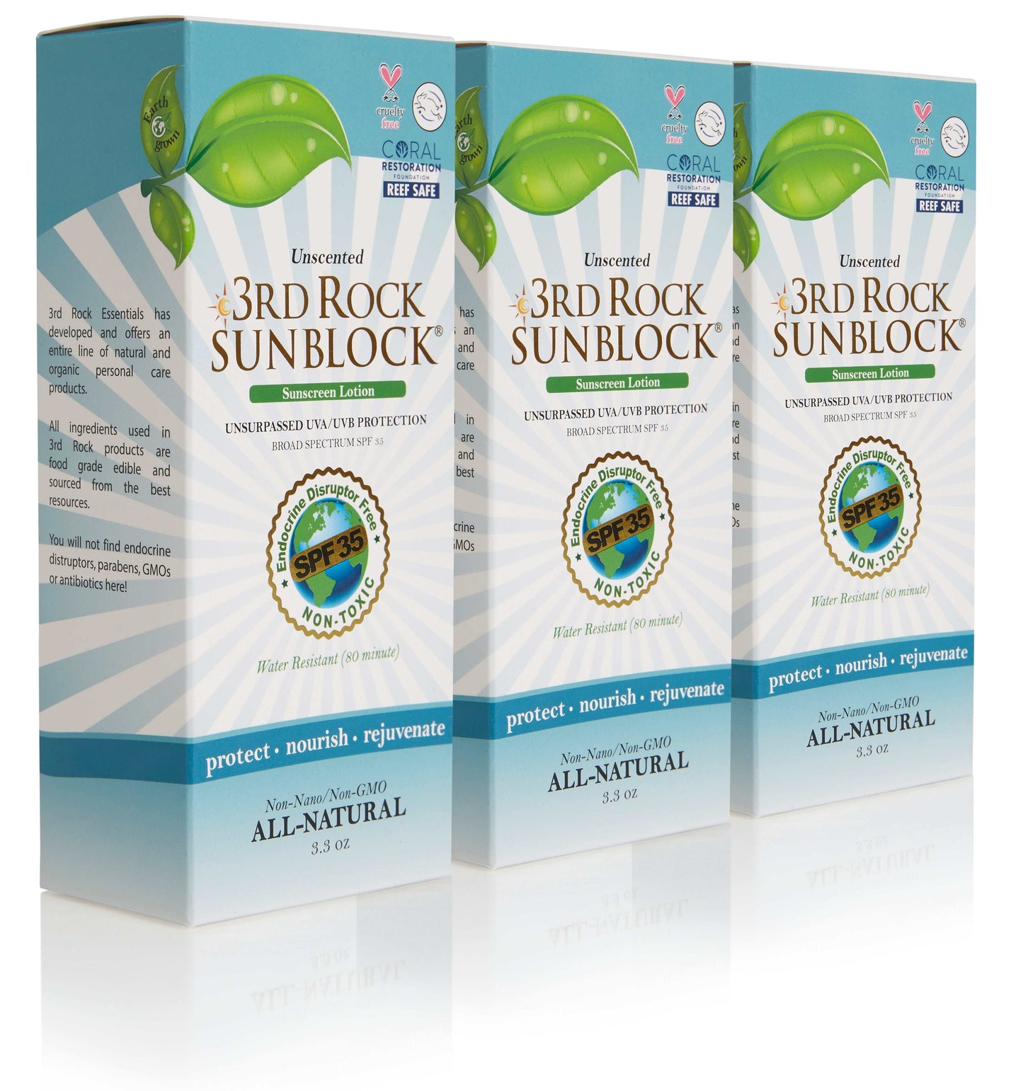Three-pack sunscreen lotion boxes, unscented SPF 35, all-natural with green leaf logo