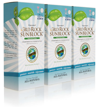 Three-pack sunscreen lotion boxes, unscented SPF 35, all-natural with green leaf logo