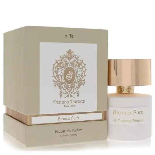 Bianco Puro perfume box and bottle with gold-toned cap, cream glass