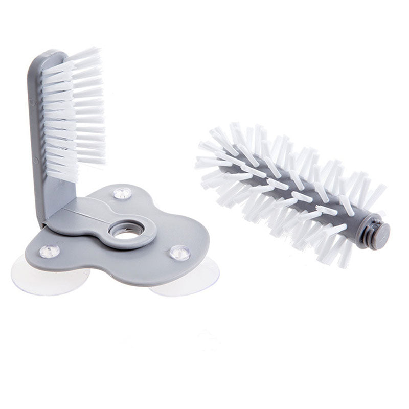 Gray kitchen bottle brush set with white bristles and base stand