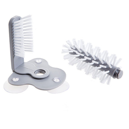 Gray kitchen bottle brush set with white bristles and base stand
