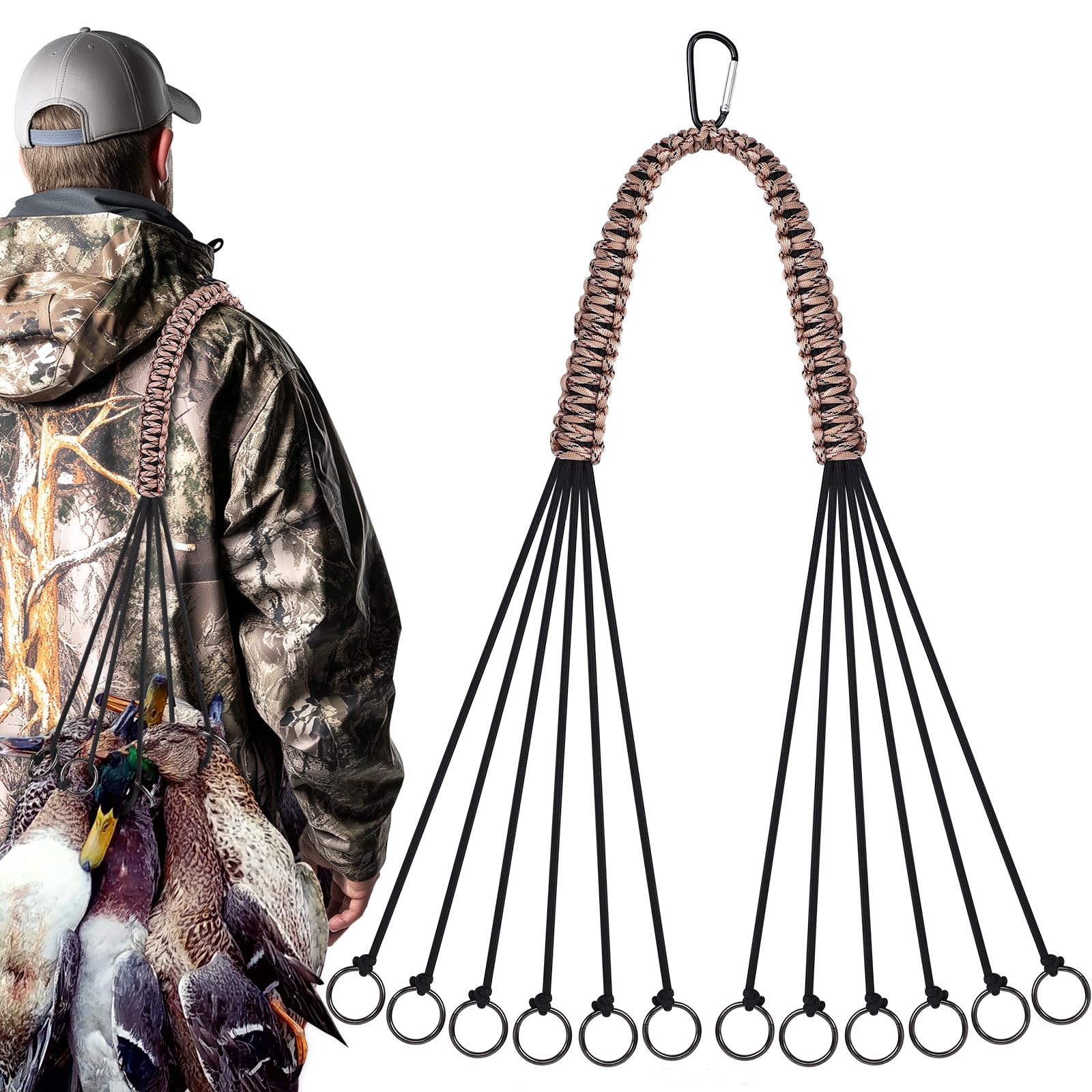 TOBWOLF Game Carrier with 12 Drops Slip Ring Duck Carrier Bird Tote Hunting Strap for Dove Bird Waterfowl Game Carrier Metal Loop Goose Hanger Hunting Game Tote Duck Hunting Gear Paracord - Renee Lane Company