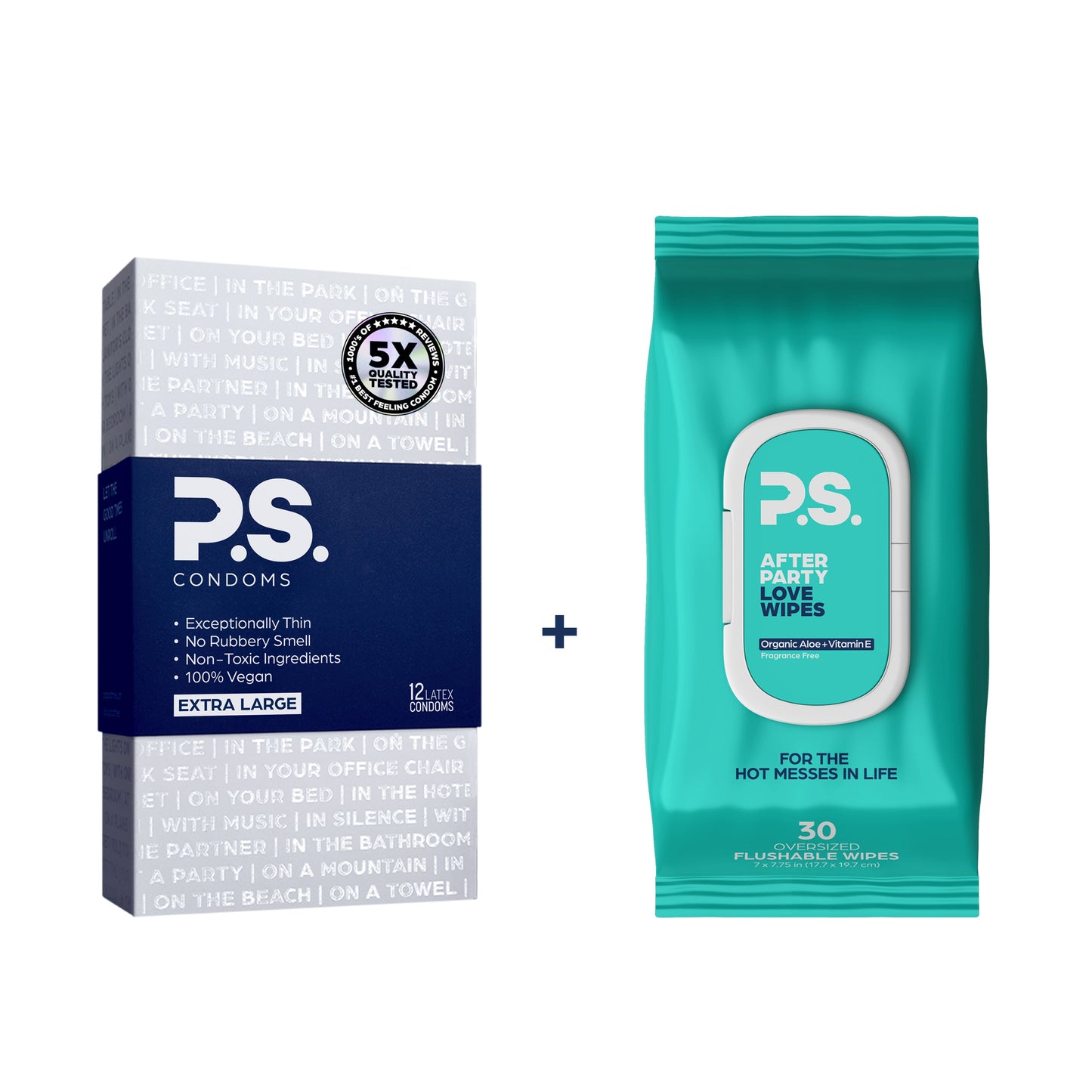 P.S. condoms (extra large) box and after lube wipes pack, turquoise