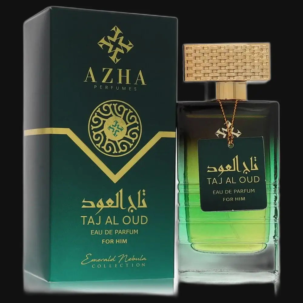 Men's Taj Al Oud eau de parfum bottle with green liquid, gold cap, and box