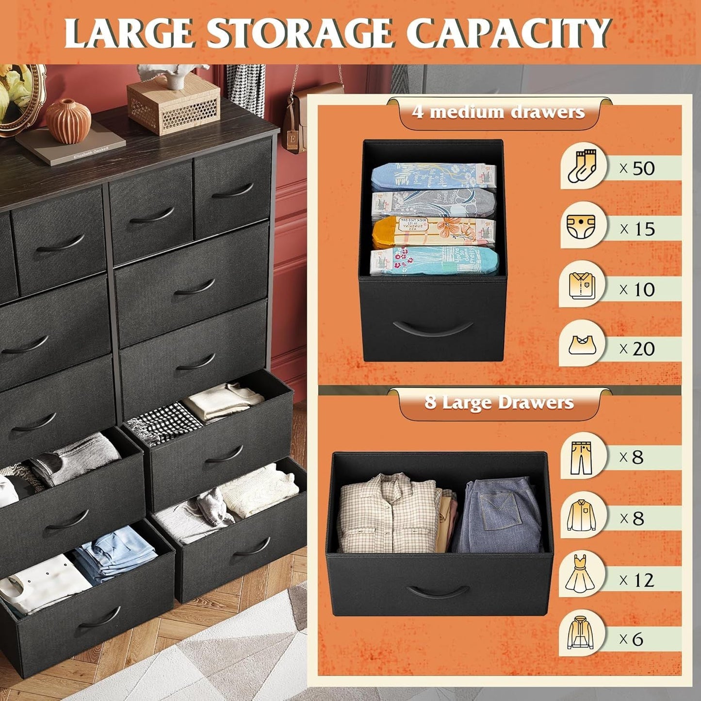Tall Dresser for Bedroom with 12 Drawers, Dressers & Chests of Drawers, Fabric Dresser for Closet, Living Room, Storage Dressers with Storage Drawers, Steel Frame, Wood Top - Renee Lane Company