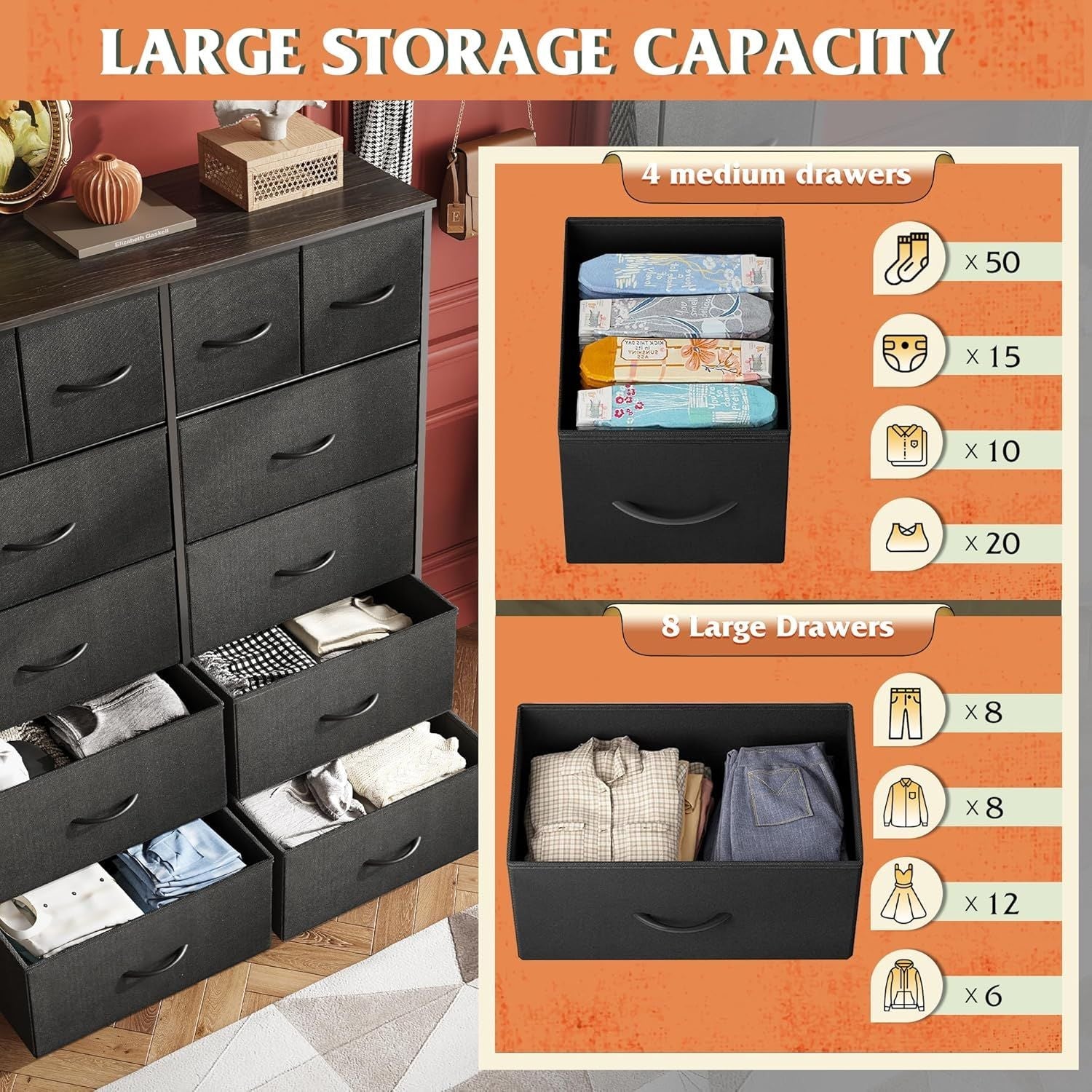 Tall Dresser for Bedroom with 12 Drawers, Dressers & Chests of Drawers, Fabric Dresser for Closet, Living Room, Storage Dressers with Storage Drawers, Steel Frame, Wood Top - Renee Lane Company