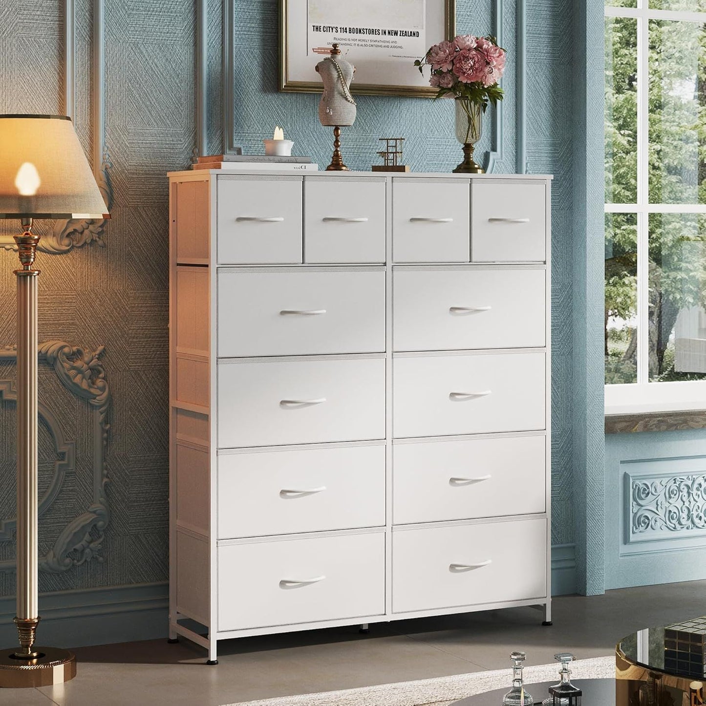 Tall Dresser for Bedroom with 12 Drawers, Dressers & Chests of Drawers, Fabric Dresser for Closet, Living Room, Storage Dressers with Storage Drawers, Steel Frame, Wood Top - Renee Lane Company