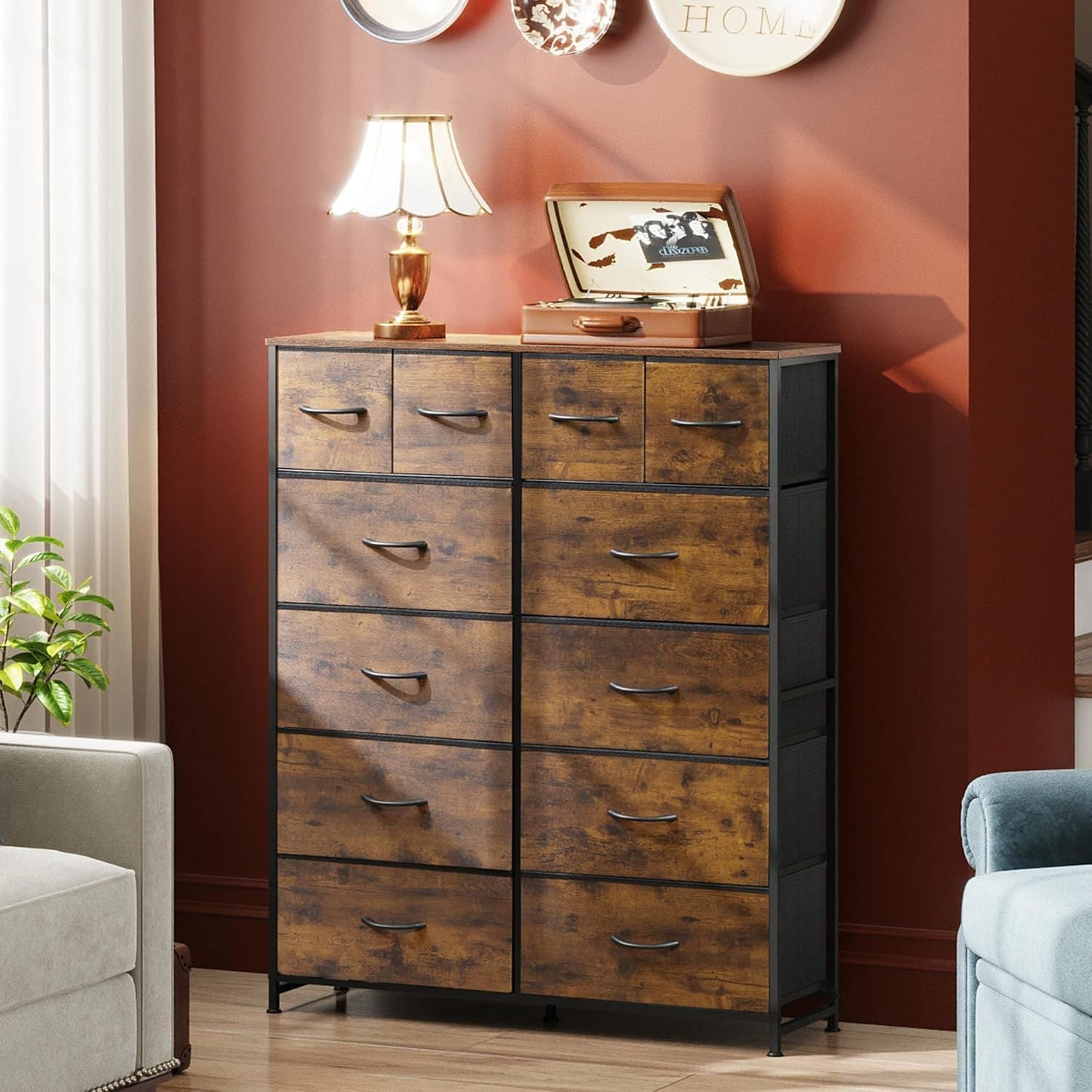 Tall Dresser for Bedroom with 12 Drawers, Dressers & Chests of Drawers, Fabric Dresser for Closet, Living Room, Storage Dressers with Storage Drawers, Steel Frame, Wood Top - Renee Lane Company