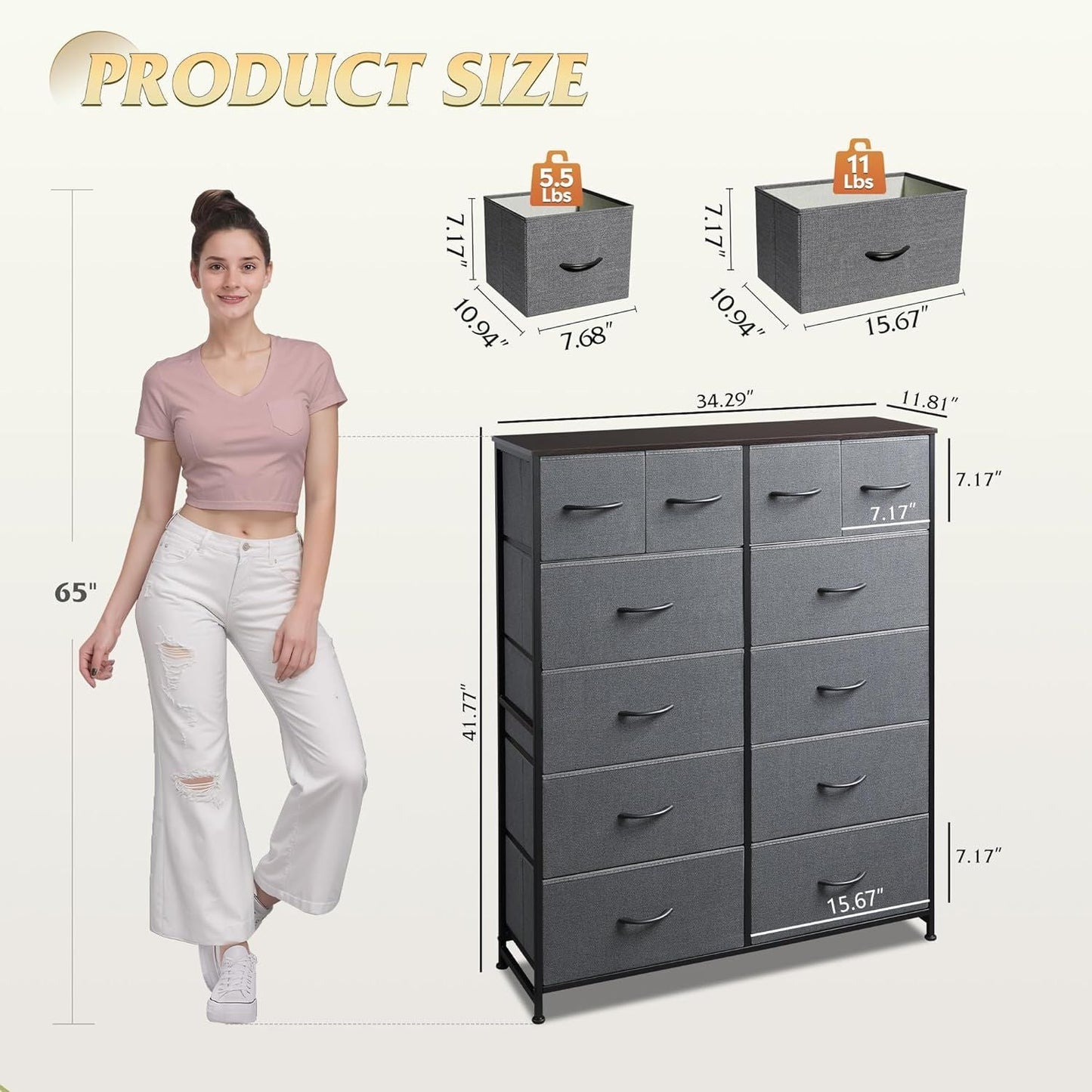 Tall Dresser for Bedroom with 12 Drawers, Dressers & Chests of Drawers, Fabric Dresser for Closet, Living Room, Storage Dressers with Storage Drawers, Steel Frame, Wood Top - Renee Lane Company