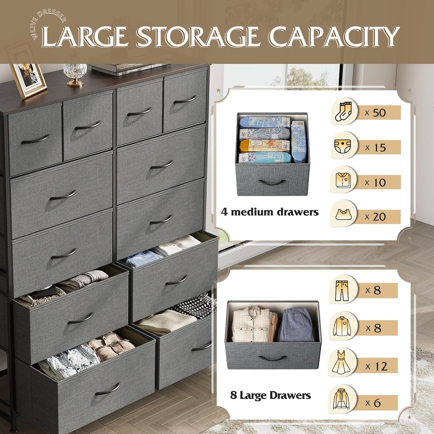 Tall Dresser for Bedroom with 12 Drawers, Dressers & Chests of Drawers, Fabric Dresser for Closet, Living Room, Storage Dressers with Storage Drawers, Steel Frame, Wood Top - Renee Lane Company