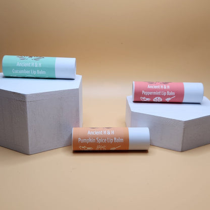 Halal tallow lip balm set with cucumber, peppermint, and pumpkin spice sticks in white tubes
