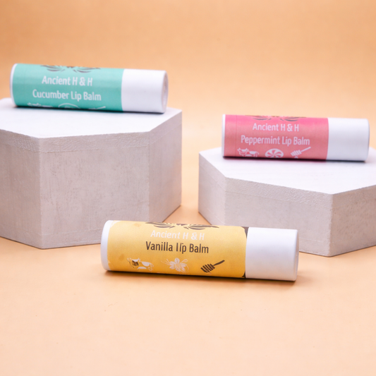 Halal tallow lip balm set with cucumber, peppermint, and vanilla sticks in white tubes