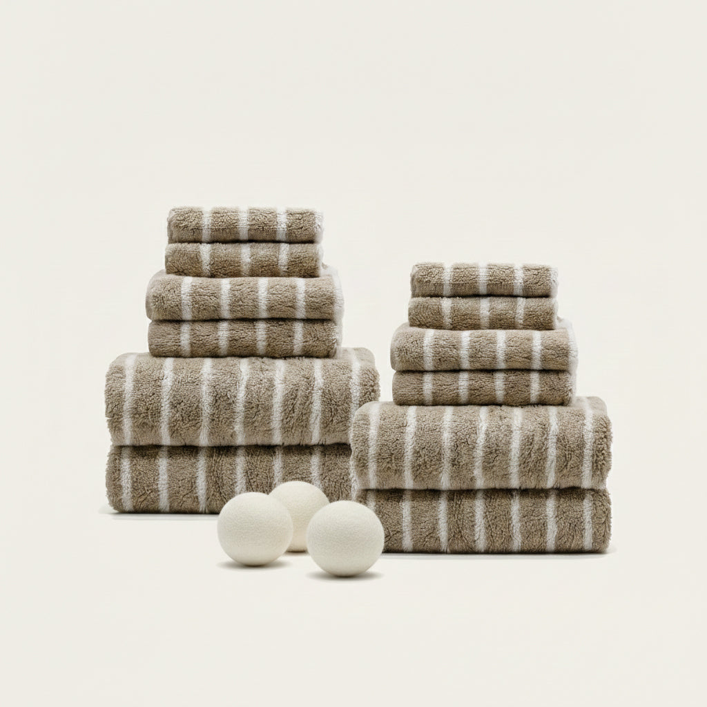 Striped towels set, beige and white plush cotton loops, with small washcloths