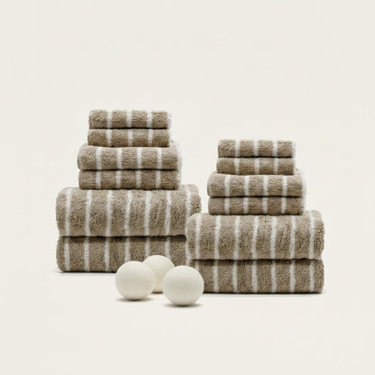 Striped towels set, beige and white plush cotton loops, with small washcloths
