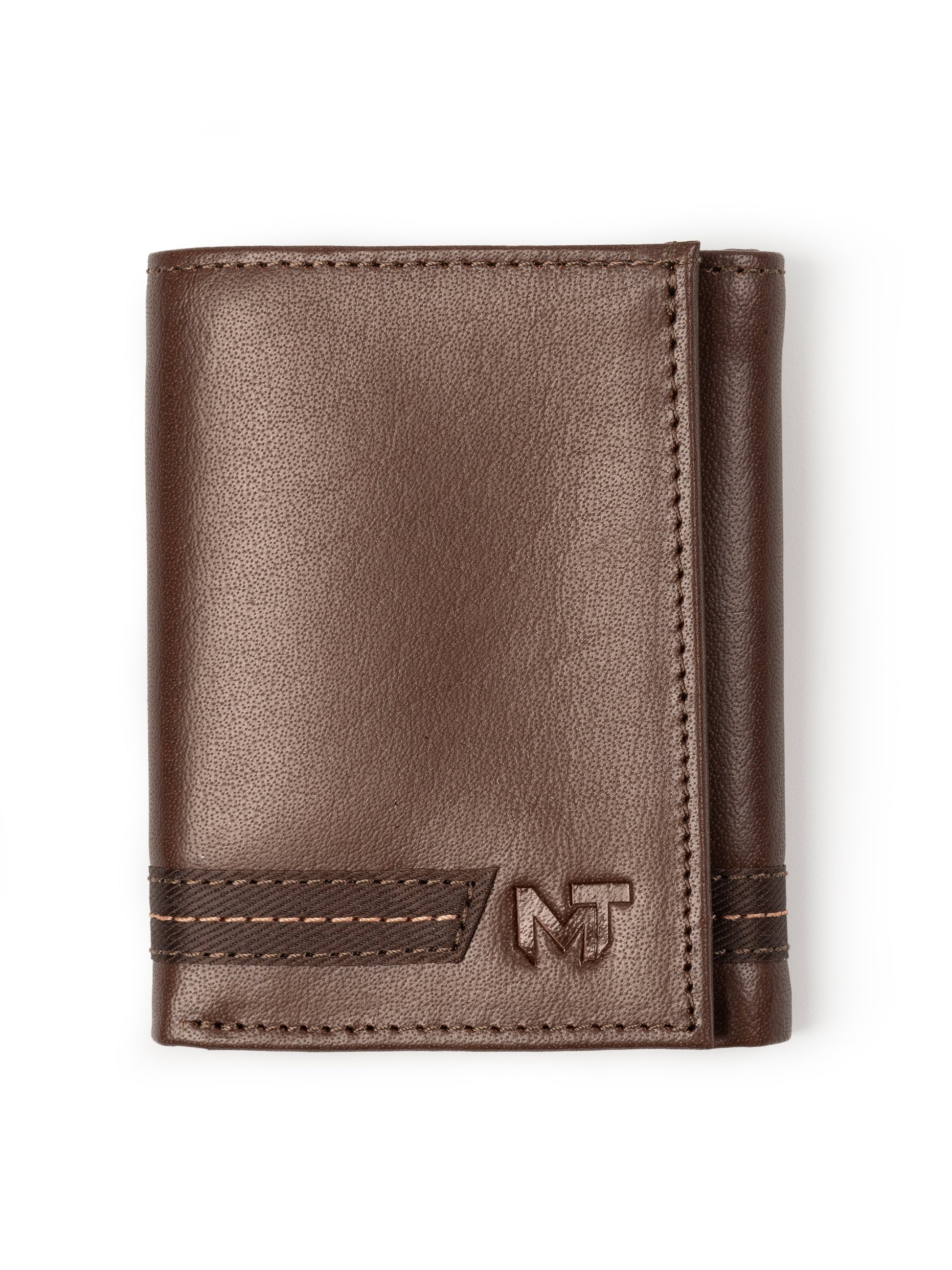 Brown tri-fold wallet with stitched edges and MT logo patch