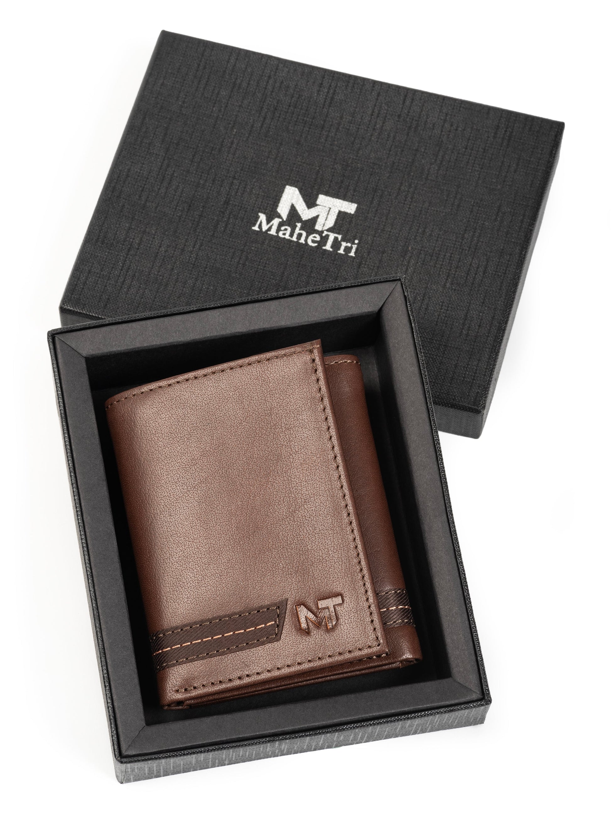 Tri-fold wallet with brown leather finish and MT logo, in open gift box