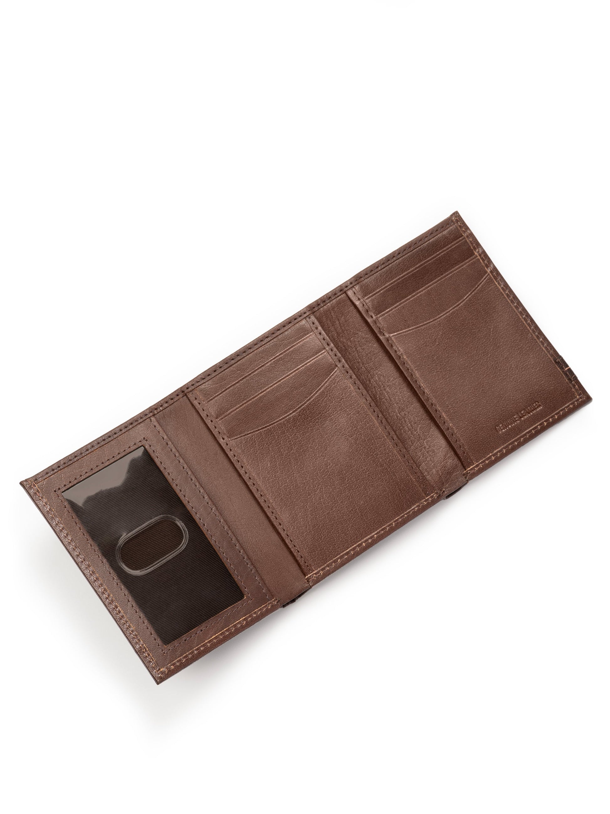 Brown tri-fold wallet laid flat, with card slots and an ID window
