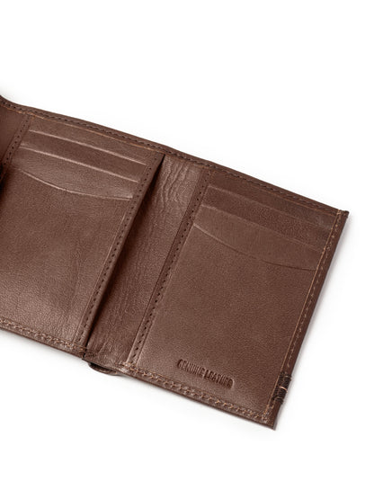 Brown tri-fold wallet interior showing multiple card slots and stitched panels