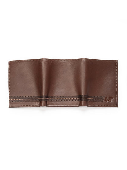 Brown tri-fold wallet folded open, with card sections and MT logo detail