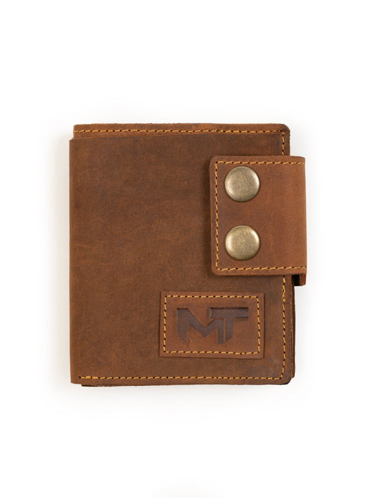 Tan brown leather snap wallet with metal stud closure and MT logo patch
