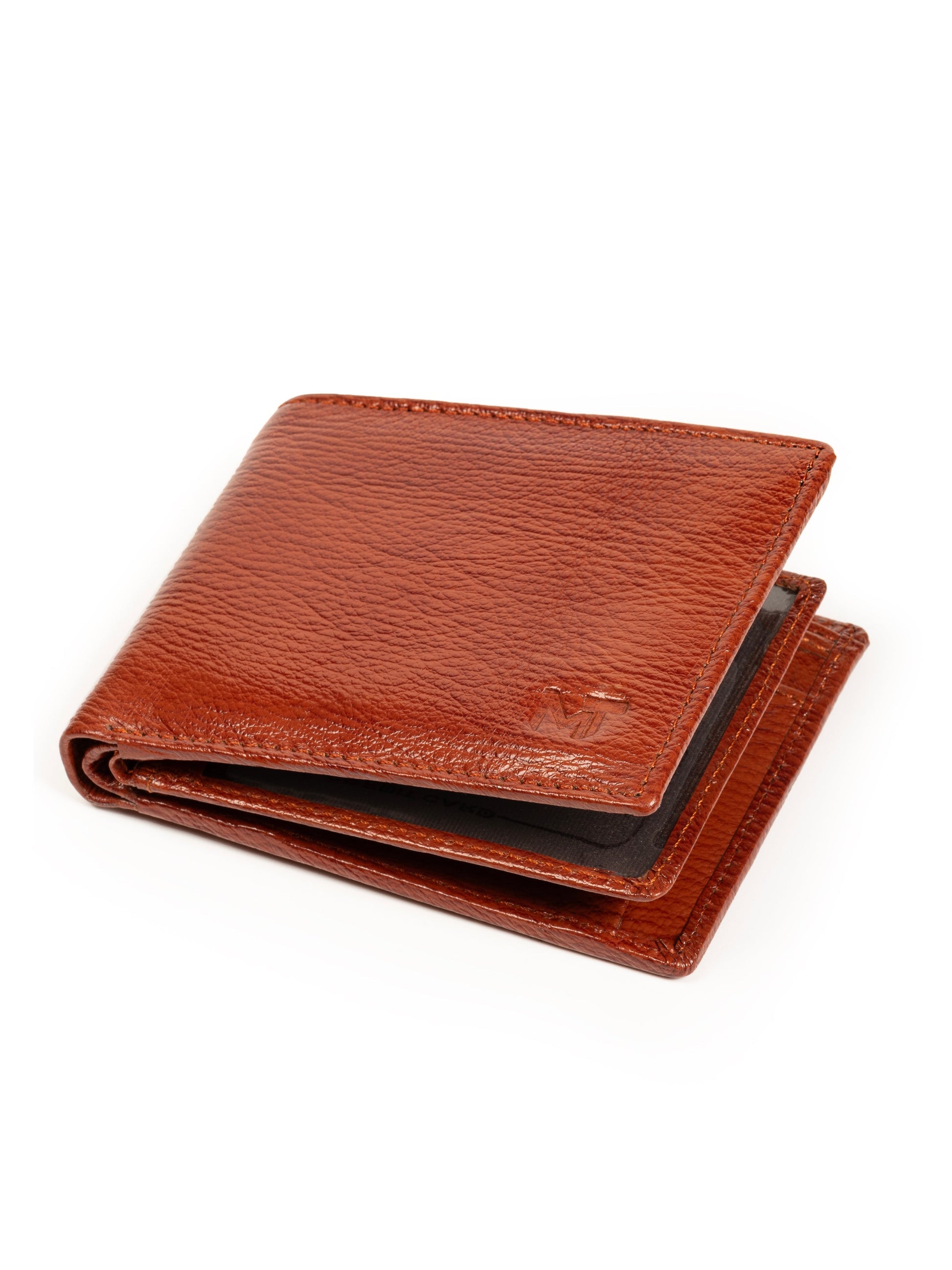 Men's tan-brown leather wallet folded with outer flap and stitching
