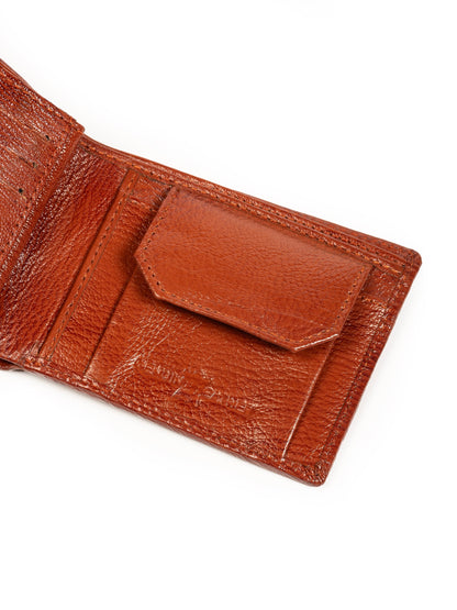 Men's tan-brown leather wallet with front pocket flap and stitched panels