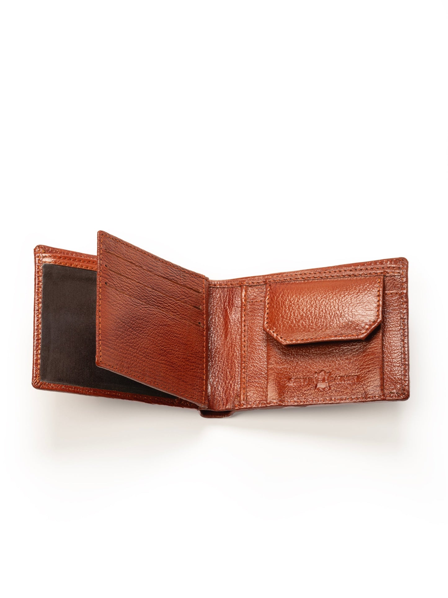 Men's tan-brown leather wallet open, showing interior card slots