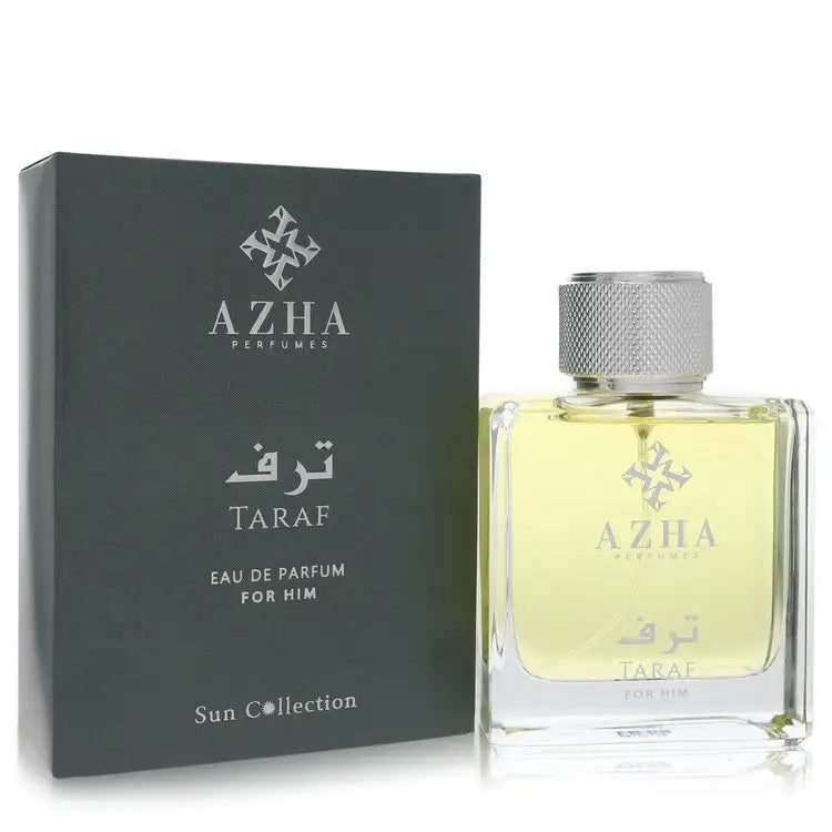Men's Taraf Azha eau de parfum cologne bottle with yellow liquid and matching dark box