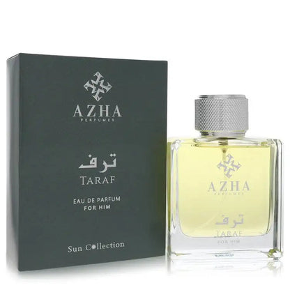 Men's Taraf Azha eau de parfum cologne bottle with yellow liquid and matching dark box