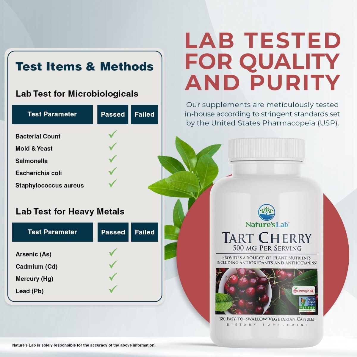 Tart Cherry supplement bottle with lab test quality and purity callouts