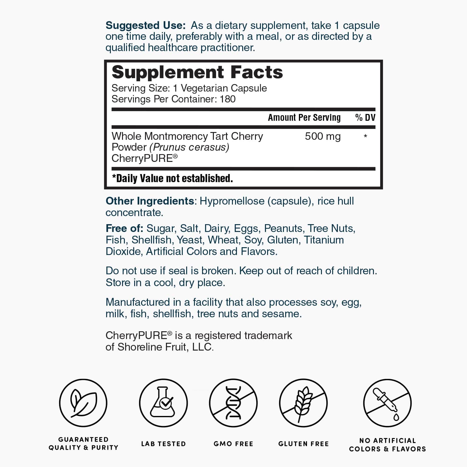 Supplement Facts panel for vegetarian tart cherry capsules, serving size and ingredients