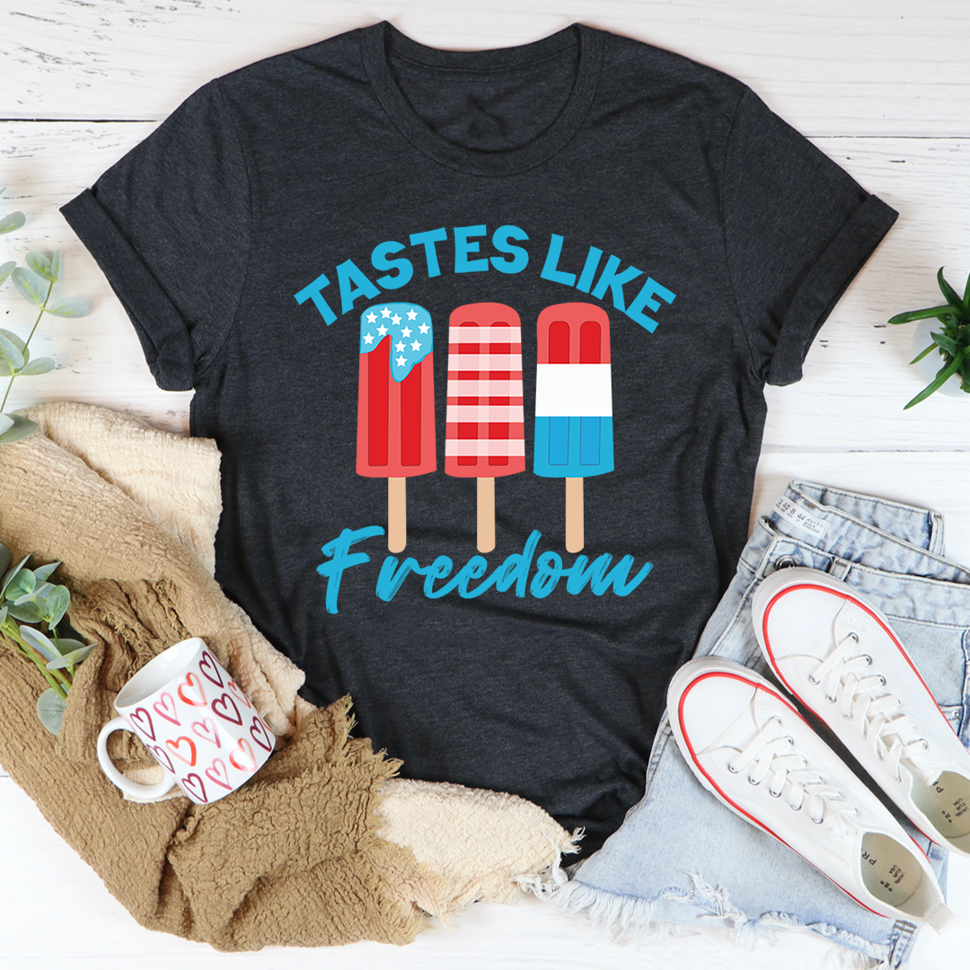 Dark grey heather crewneck T-shirt with colorful popsicle graphic and teal "Freedom" script