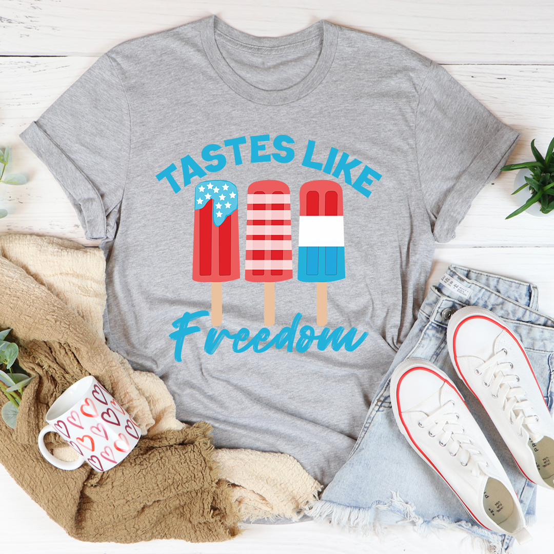 Heather grey crewneck T-shirt with colorful popsicle graphic and teal "Freedom" script