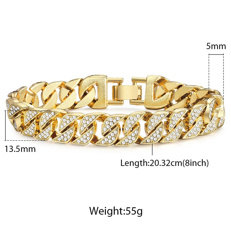 Gold curb Cuban bracelet featuring marquise stone links and central bar clasp