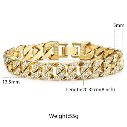 Gold curb Cuban bracelet featuring marquise stone links and central bar clasp