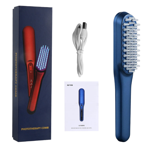 Hair growth comb kit with red device, blue device, and white charging cord