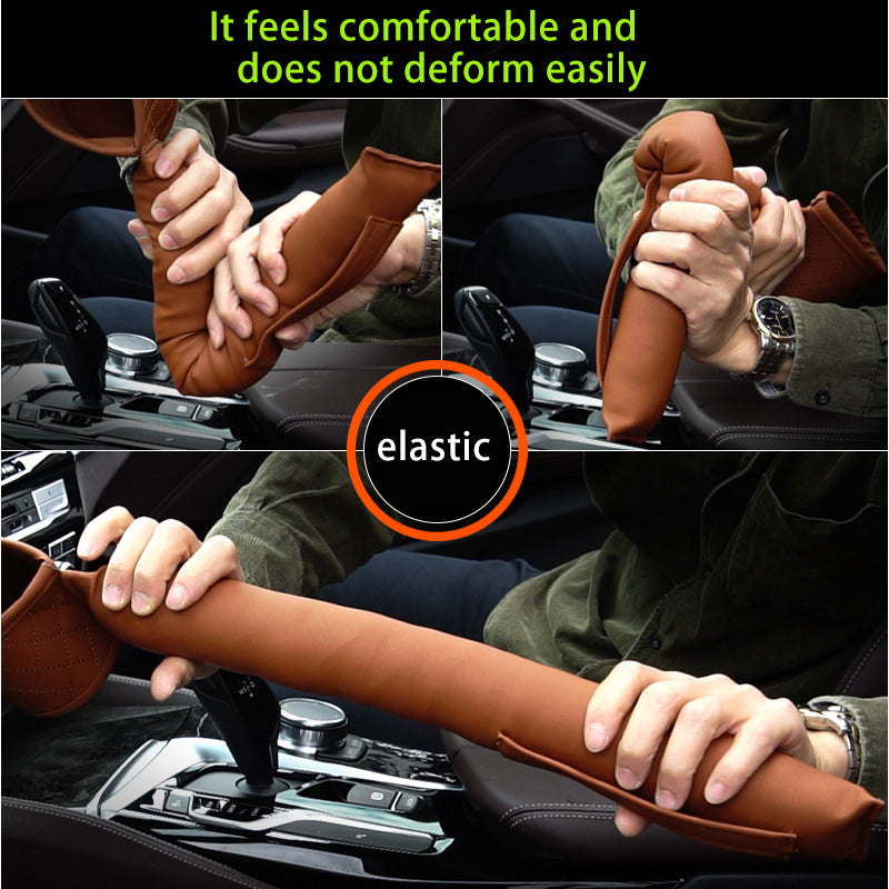 Car seat gap filler in brown leather, flexible strap and cup storage for console