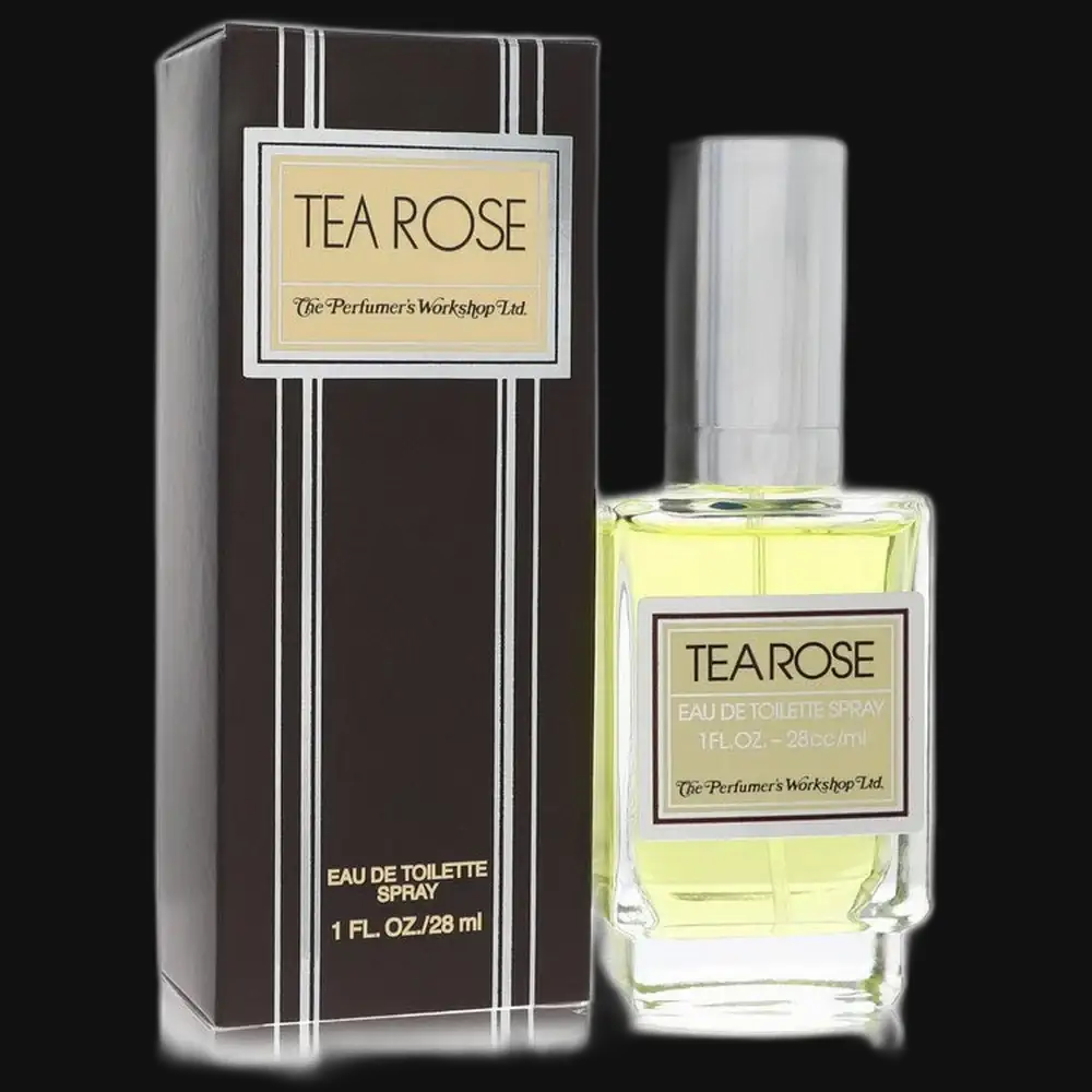 Women’s perfume eau de toilette: brown striped box, clear bottle with silver cap, yellow liquid.