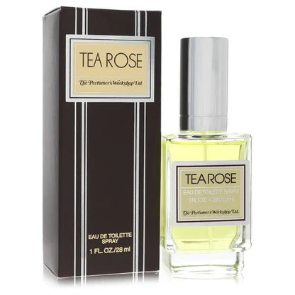 Women’s eau de toilette spray perfume: brown striped box next to clear bottle with silver cap, yellow liquid.