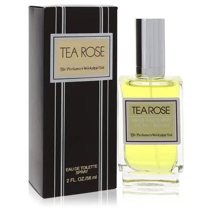Women’s eau de toilette spray perfume: brown striped box and clear bottle, silver cap, pale yellow liquid.