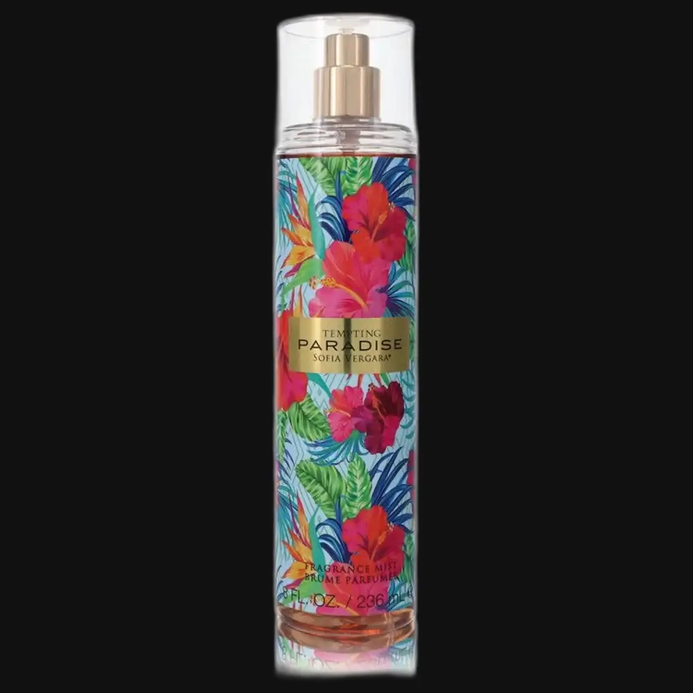 Tempting Paradise women’s perfume bottle, gold cap and tropical floral label