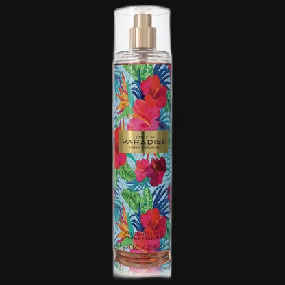 Tempting Paradise women’s perfume bottle, gold cap and tropical floral label