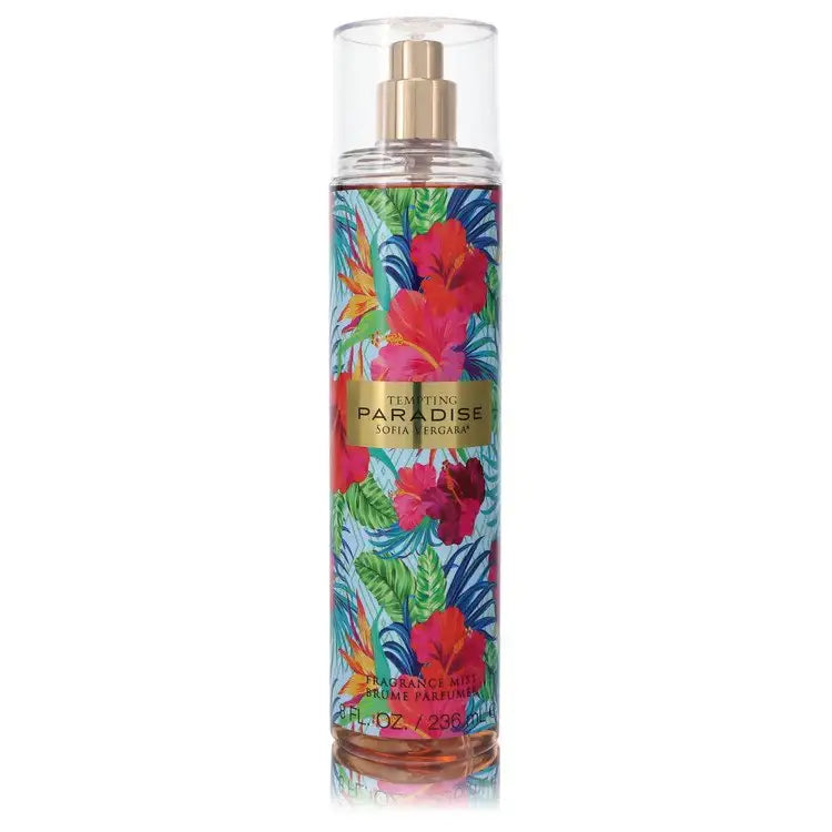 Women’s perfume bottle with gold cap and colorful tropical flower label