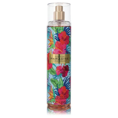 Women’s perfume bottle with gold cap and colorful tropical flower label