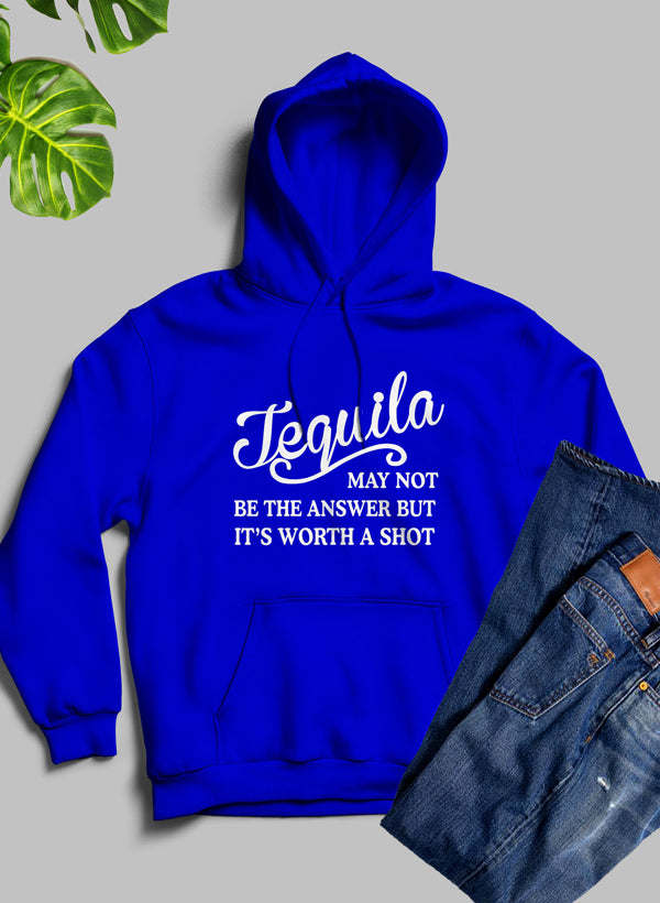 Royal blue hoodie with hood and front pocket, chest graphic reading “Tequila” and slogan.