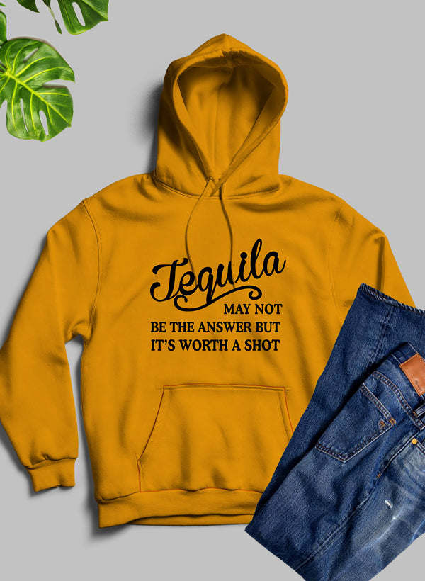 Gold hoodie with front 'Tequila...' text print, hood and kangaroo pocket.